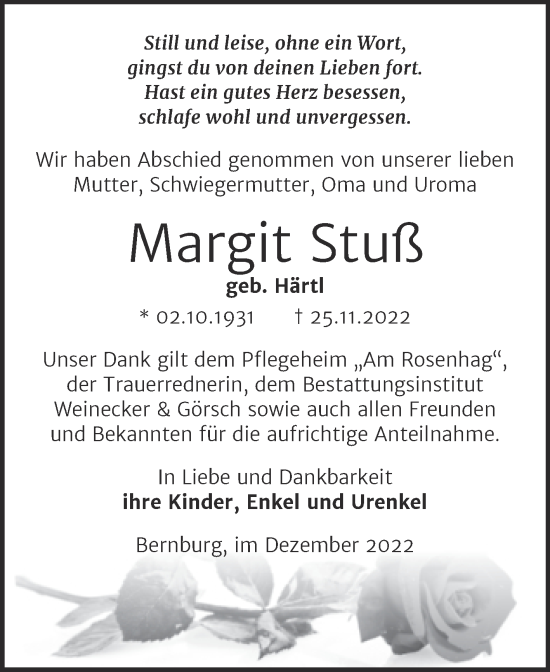 Traueranzeige von Margit Stuß von Trauerkombi Bernburg