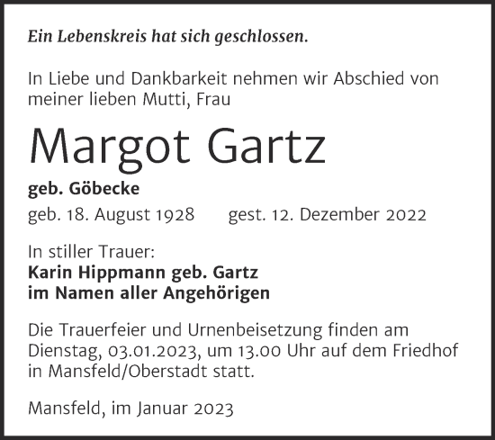Traueranzeige von Margot Gartz von Trauerkombi Mansfelder Land