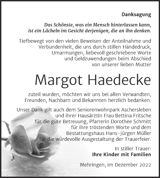 Traueranzeige von Margot Haedecke von Trauerkombi Aschersleben