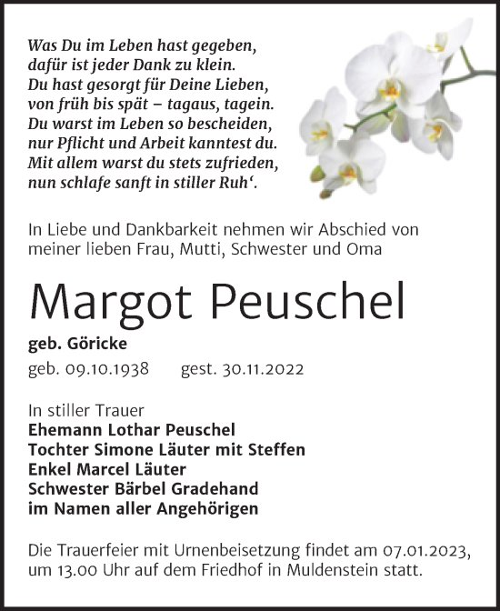 Traueranzeige von Margot Peuschel von Trauerkombi Bitterfeld