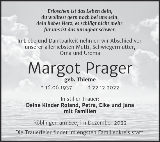 Traueranzeige von Margot Prager von Trauerkombi Mansfelder Land