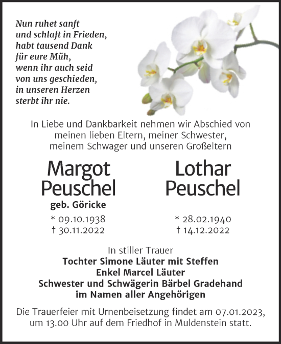 Traueranzeige von Margot und Lothar Peuschel von Trauerkombi Bitterfeld