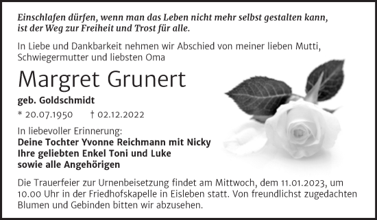 Traueranzeige von Margret Grunert von Trauerkombi Mansfelder Land
