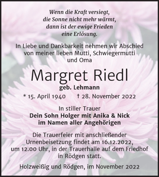 Traueranzeige von Margret Riedl von Trauerkombi Bitterfeld