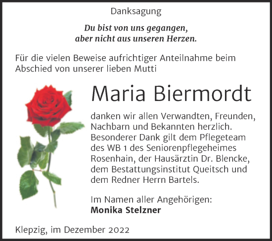 Traueranzeige von Maria Biermordt von Trauerkombi Köthen