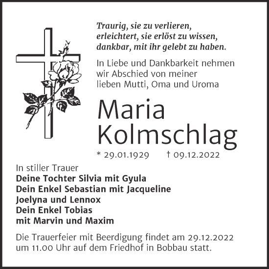 Traueranzeige von Maria Kolmschlag von Trauerkombi Bitterfeld