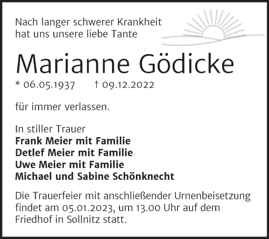 Traueranzeige von Marianne Gödicke von Trauerkombi Dessau