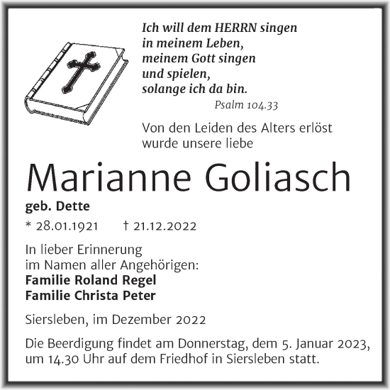 Traueranzeige von Marianne Goliasch von Trauerkombi Mansfelder Land
