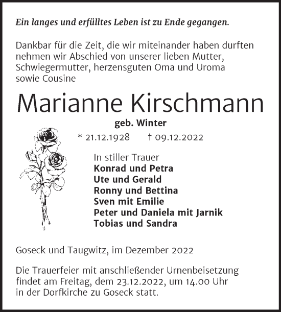 Traueranzeige von Marianne Kirschmann von Trauerkombi Weißenfels