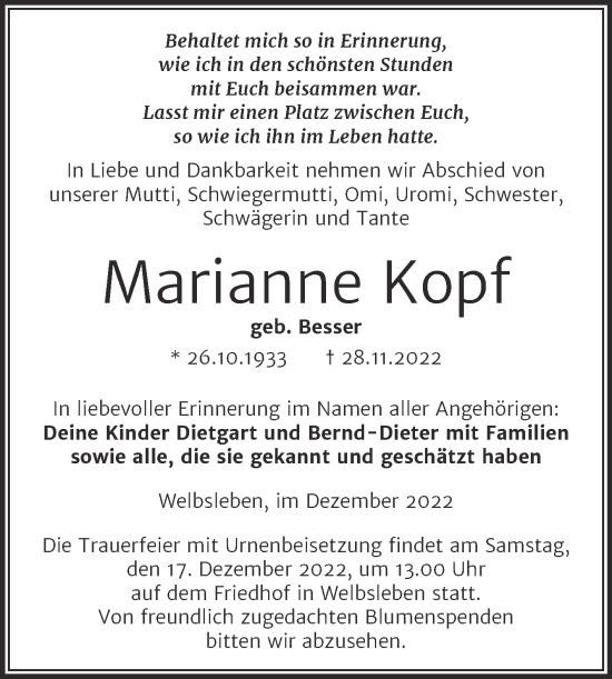 Traueranzeige von Marianne Kopf von Trauerkombi Mansfelder Land