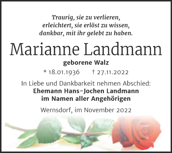 Traueranzeige von Marianne Landmann von Trauerkombi Weißenfels
