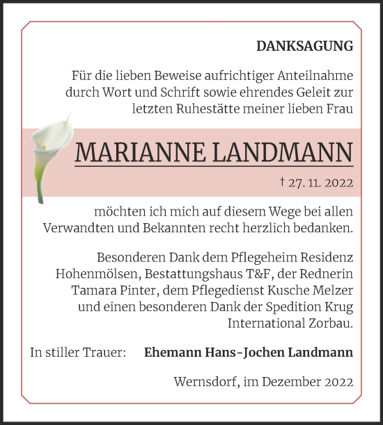 Traueranzeige von Marianne Landmann von Trauerkombi Weißenfels