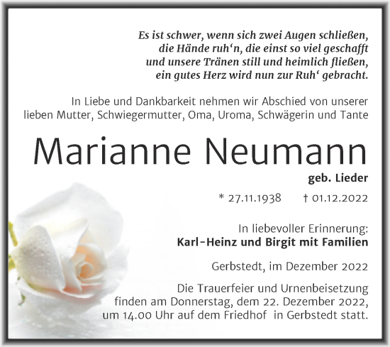 Traueranzeige von Marianne Neumann von Trauerkombi Mansfelder Land