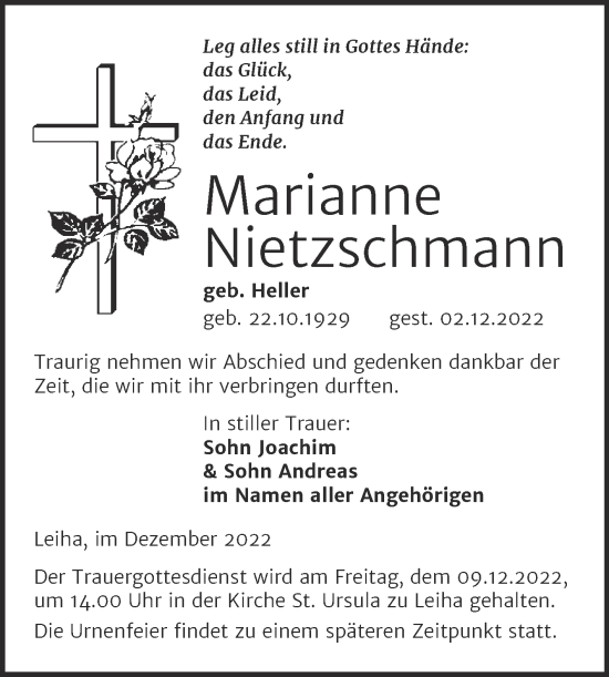 Traueranzeige von Marianne Nietzschmann von Mitteldeutsche Zeitung Merseburg/Querfurt
