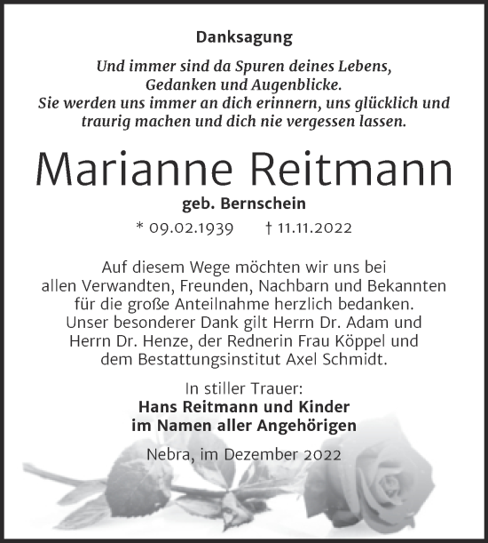 Traueranzeige von Marianne Reitmann von Wochenspiegel Naumburg/Nebra