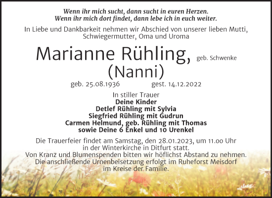 Traueranzeige von Marianne Rühling von Trauerkombi Quedlinburg