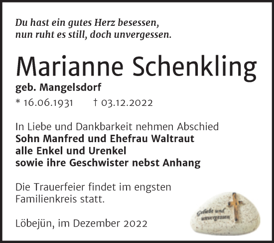 Traueranzeige von Marianne Schenkling von Mitteldeutsche Zeitung Halle/Saalkreis