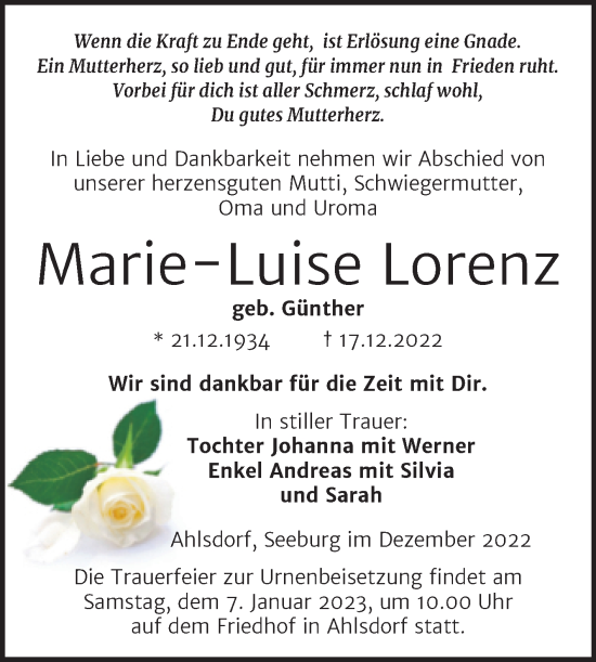 Traueranzeige von Marie-Luise Lorenz von Trauerkombi Mansfelder Land