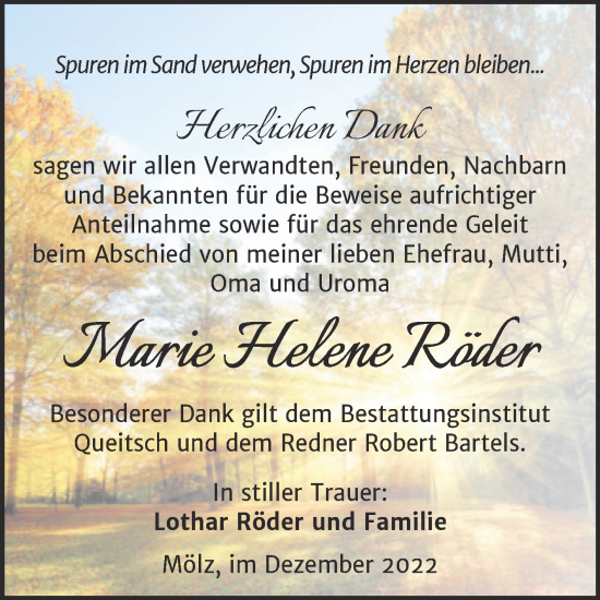 Traueranzeige von Marie Helene Röder von Trauerkombi Köthen