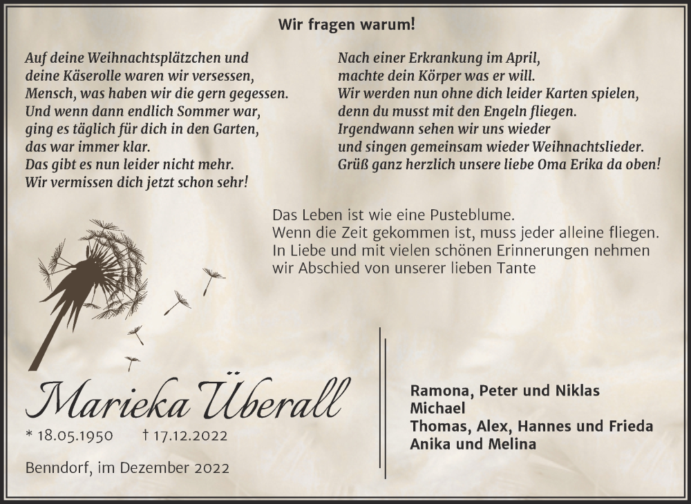  Traueranzeige für Marieka Überall vom 24.12.2022 aus Trauerkombi Mansfelder Land