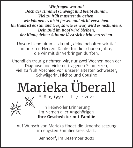 Traueranzeige von Marieka Überall von Trauerkombi Mansfelder Land