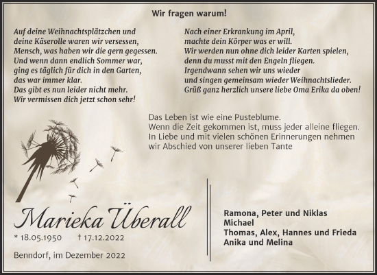 Traueranzeige von Marieka Überall von Trauerkombi Mansfelder Land