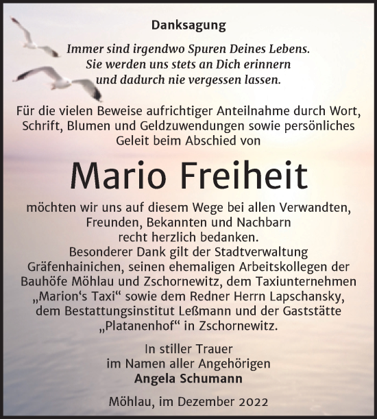 Traueranzeige von Mario Freiheit von Trauerkombi Wittenberg