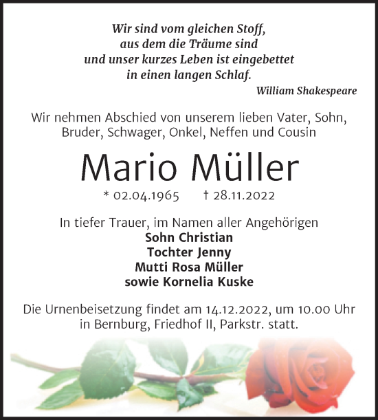 Traueranzeige von Mario Müller von Trauerkombi Bernburg