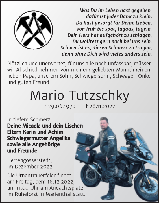 Traueranzeige von Mario Tutzschky von Wochenspiegel Naumburg/Nebra
