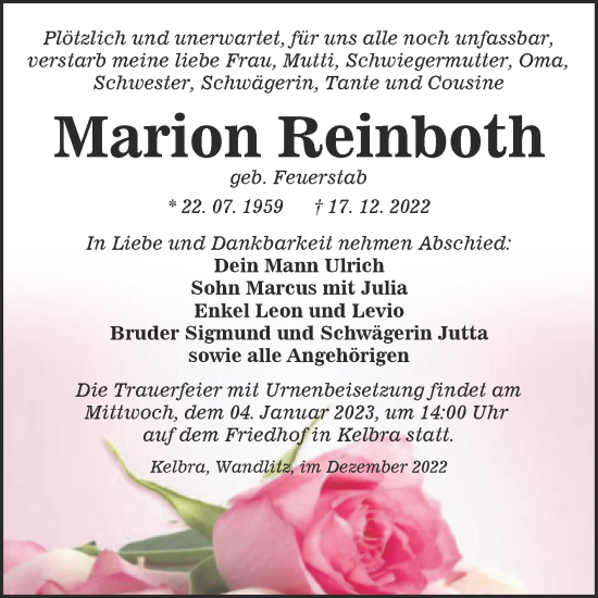Traueranzeige von Marion Reinboth von Mitteldeutsche Zeitung Sangerhausen
