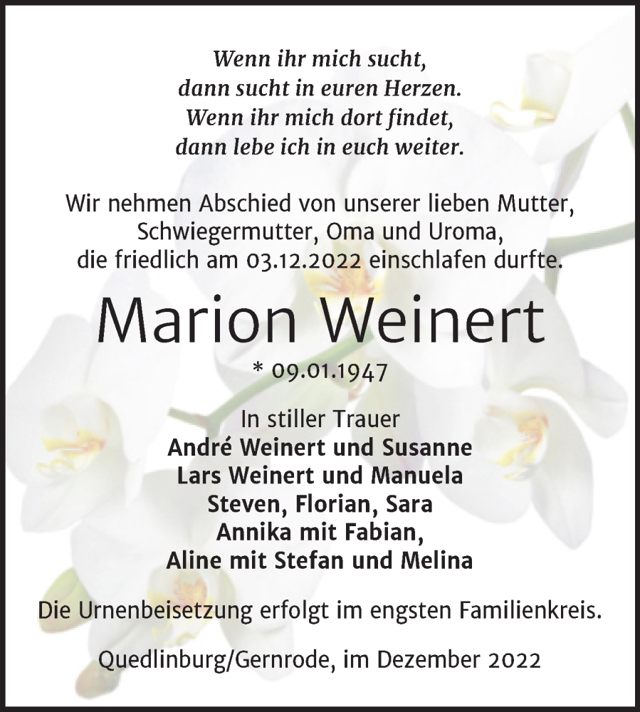  Traueranzeige für Marion Weinert vom 17.12.2022 aus Trauerkombi Quedlinburg