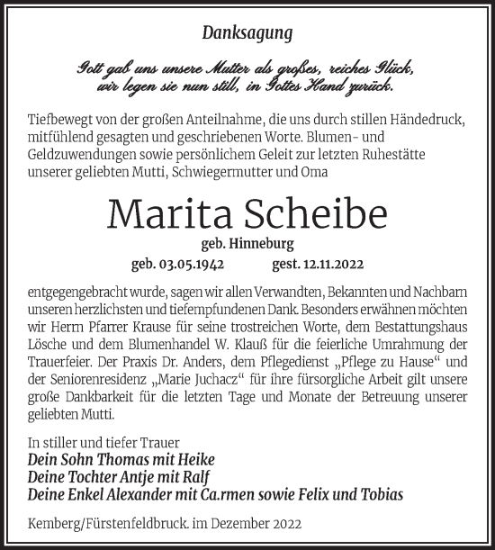 Traueranzeige von Marita Scheibe von Trauerkombi Wittenberg