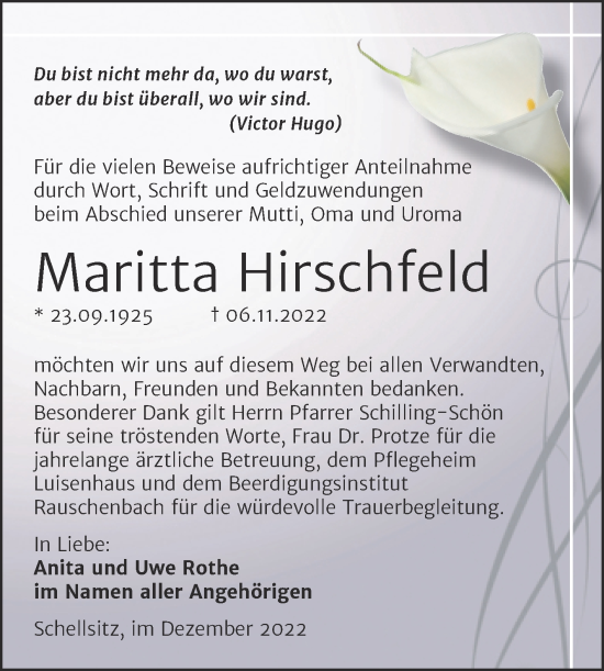 Traueranzeige von Maritta Hirschfeld von Wochenspiegel Naumburg/Nebra