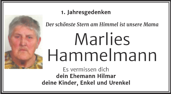 Traueranzeige von Marlies Hammelmann von Trauerkombi Mansfelder Land