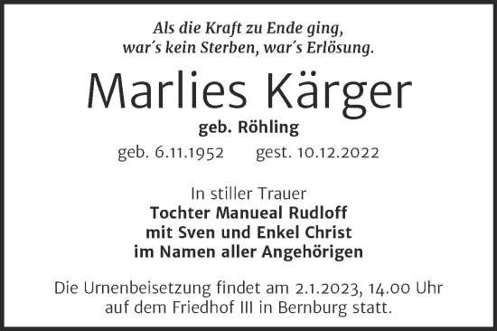 Traueranzeige von Marlies Kärger von Trauerkombi Bernburg