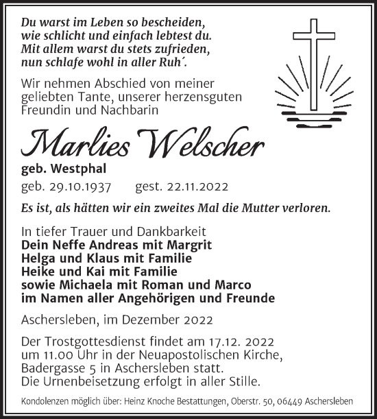 Traueranzeige von Marlies Welscher von Trauerkombi Aschersleben