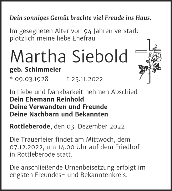 Traueranzeige von Martha Siebold von Mitteldeutsche Zeitung Sangerhausen