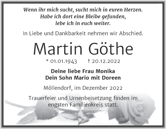 Traueranzeige von Martin Göthe von Trauerkombi Mansfelder Land
