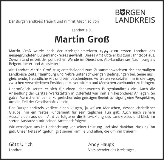 Traueranzeige von Martin Groß von Naumburger Tageblatt