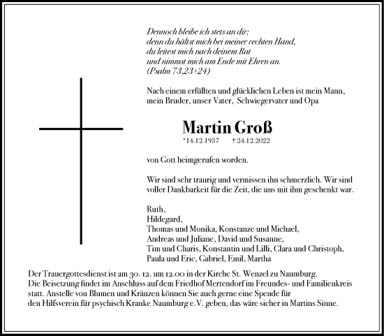 Traueranzeige von Martin Groß von Naumburger Tageblatt