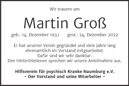 Traueranzeige von Martin Groß von Naumburger Tageblatt