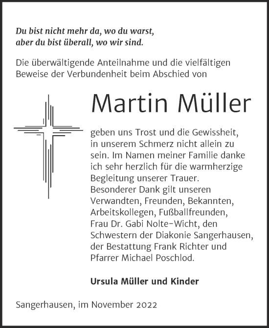Traueranzeige von Martin Müller von Trauerkombi Sangerhausen