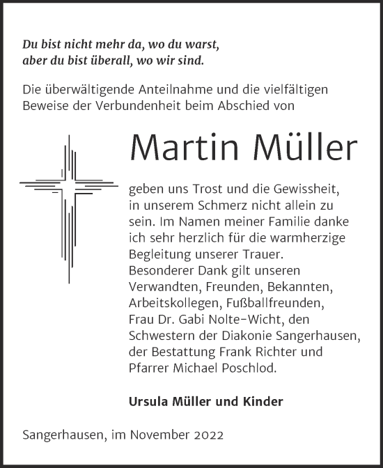 Traueranzeige von Martin Müller von Trauerkombi Sangerhausen