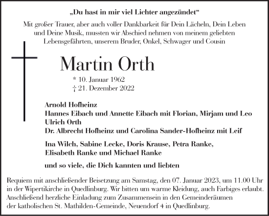 Traueranzeige von Martin Orth von Trauerkombi Quedlinburg