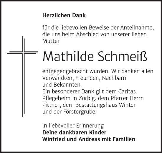 Traueranzeige von Mathilde Schmeiß von Trauerkombi Bitterfeld