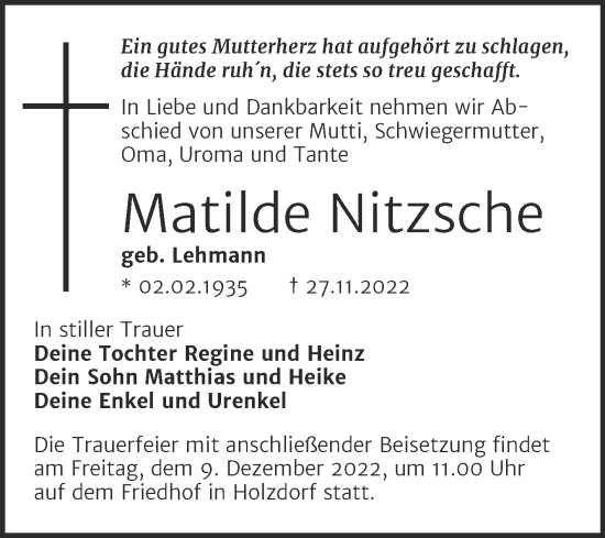 Traueranzeige von Matilde Nitzsche von Trauerkombi Wittenberg