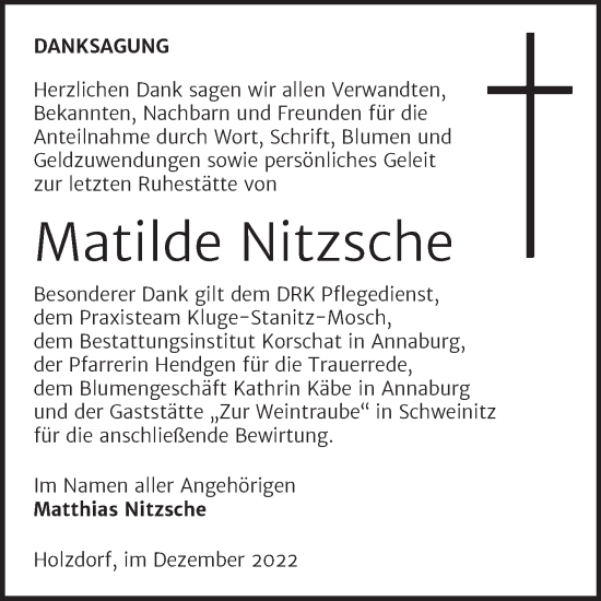 Traueranzeige von Matilde Nitzsche von Trauerkombi Wittenberg