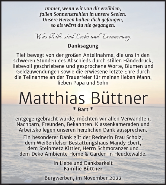Traueranzeige von Matthias Büttner von Trauerkombi Weißenfels
