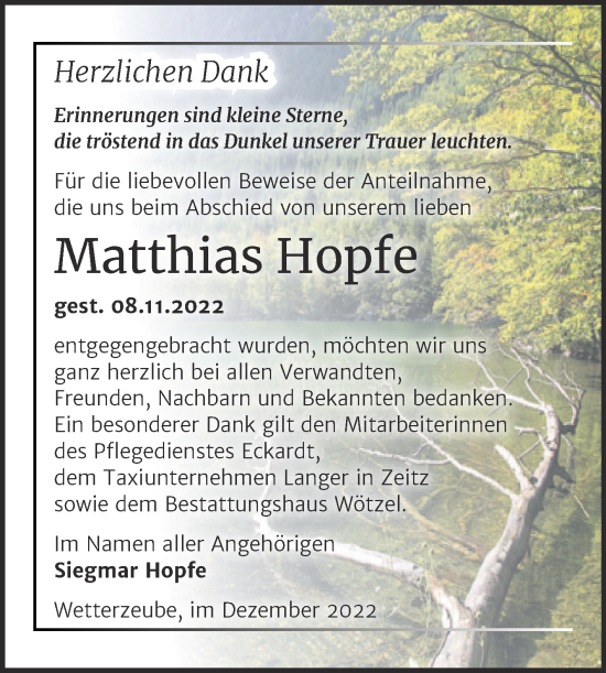 Traueranzeige von Matthias Hopfe von Trauerkombi Zeitz