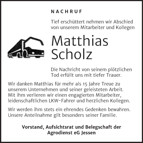 Traueranzeige von Matthias Scholz von Super Sonntag Wittenberg